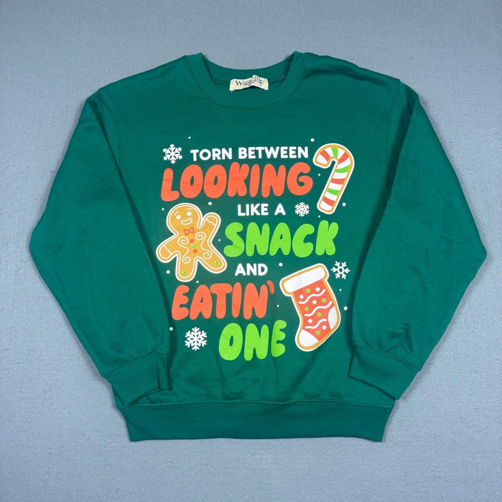 Wound Up Christmas Sweatshirt Womens XS Green Looking Like A Snack Graphic Funny